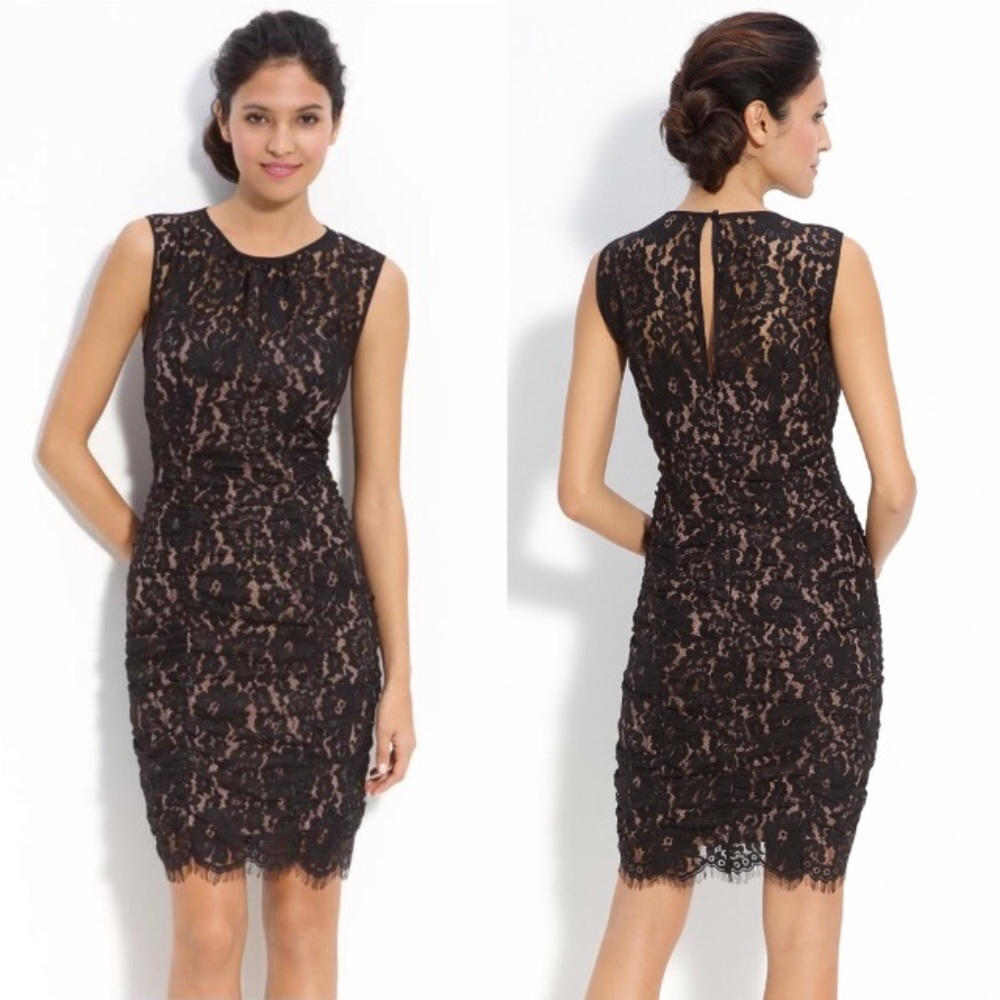 Eliza J Ruched Black Lace Sheath Dress